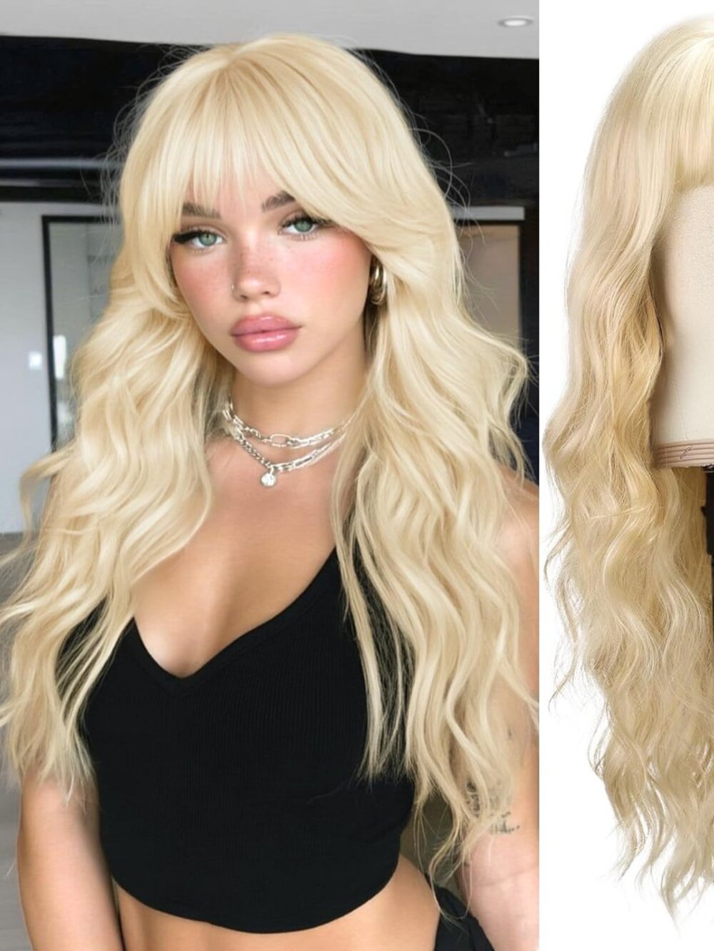 New BARSDAR Long Wavy Blonde Wig With Bangs - 26 Inch Long